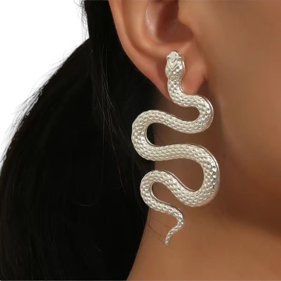 Snake Shaped Silver Tone Drop Pierced Earrings Textured - Picture 1 of 4